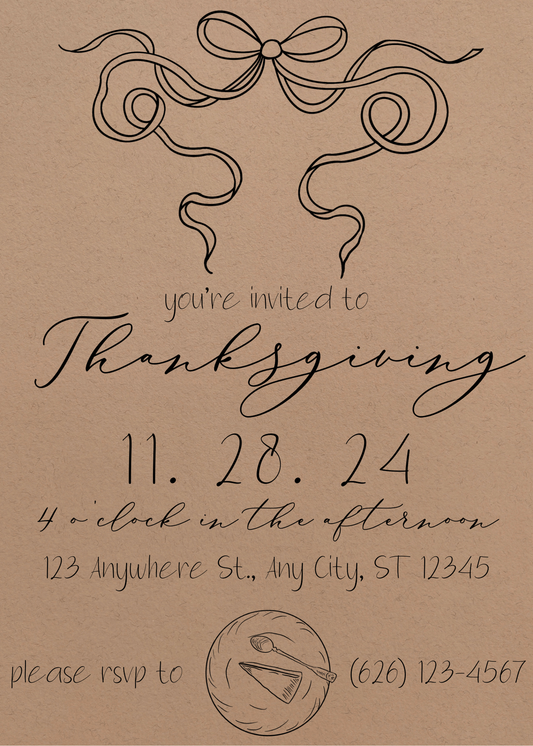 Thanksgiving Pie with Bow Invitation & Menu - Digital & Printable