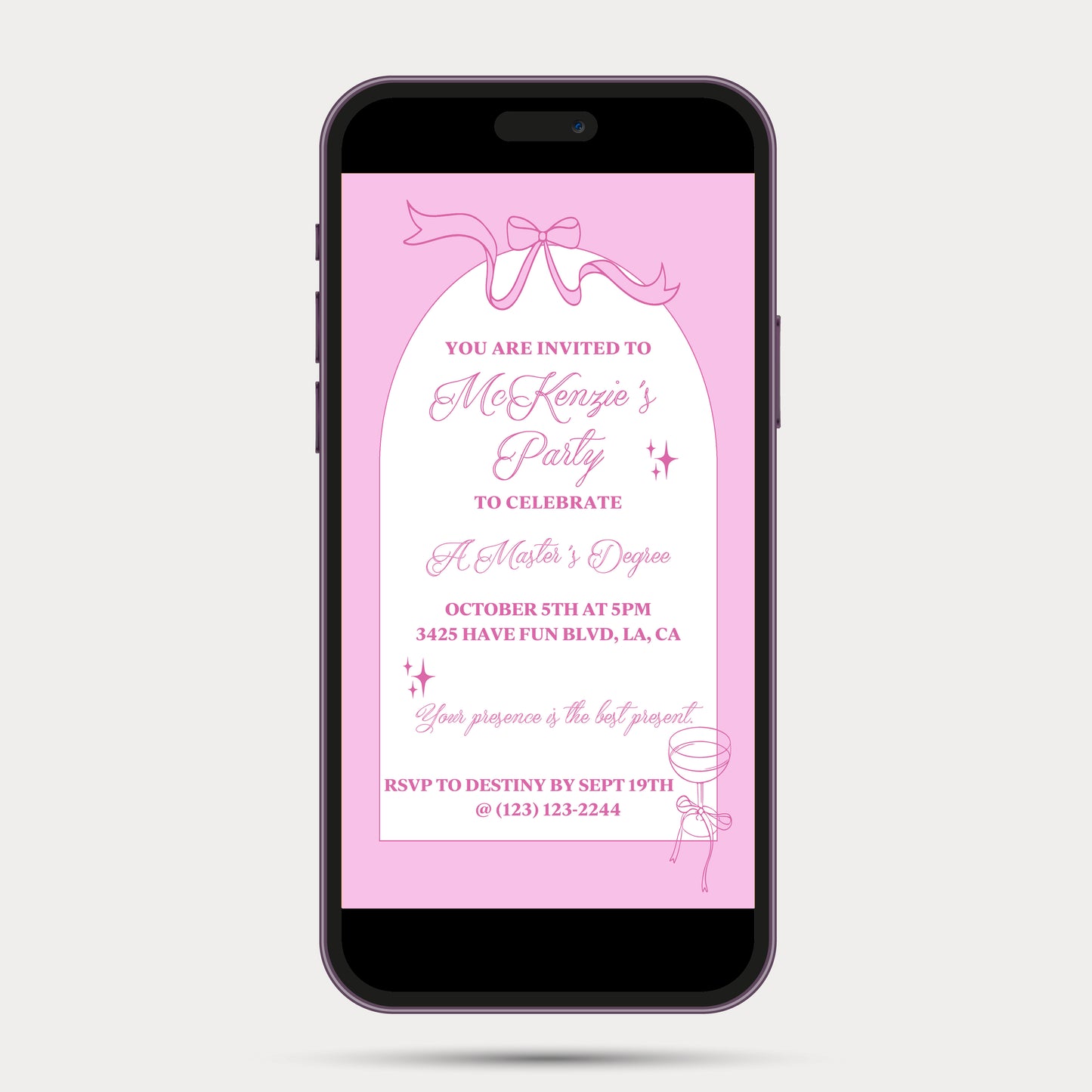 Pink Champagne Bows & Arches Invitation and Menu - Digital Printable
