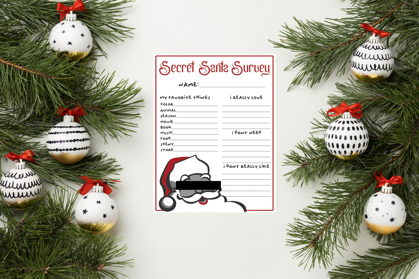 Secret Santa Questionnaire - Digital Questionnaire Printable