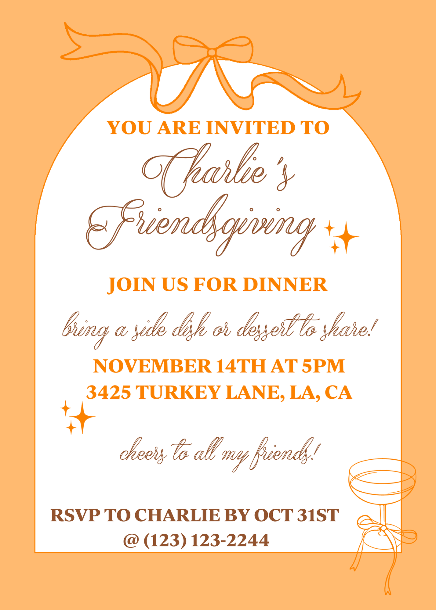 Orange Champagne Bows & Arches Invitation and Menu - Digital Printable