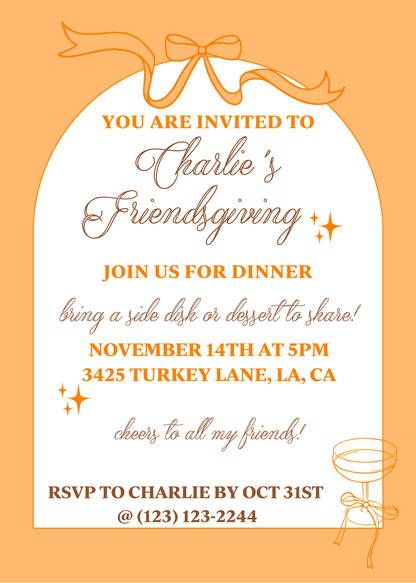 Orange Champagne Bows & Arches Invitation and Menu - Digital Printable