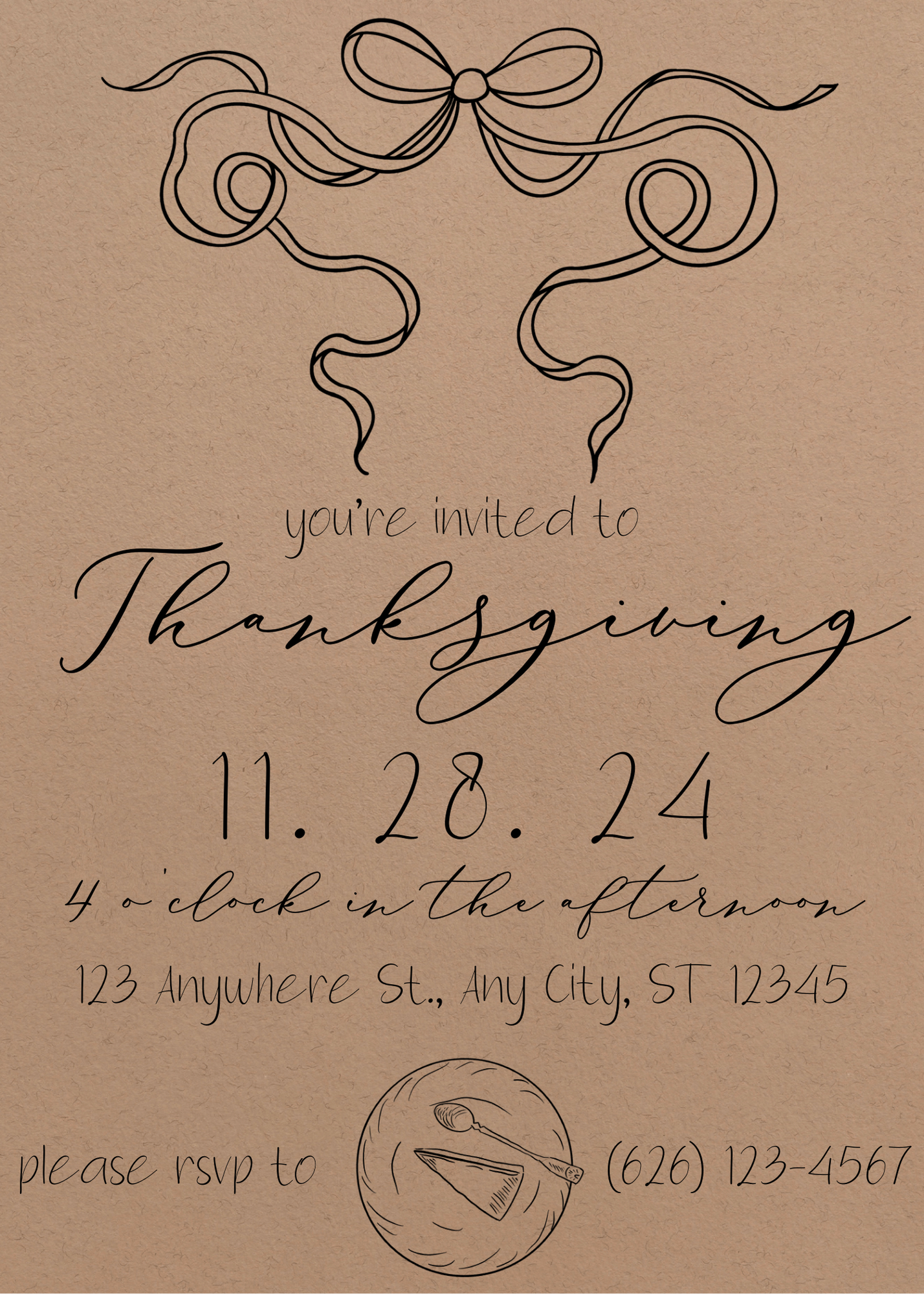 Thanksgiving Pie with Bow Invitation & Menu - Digital & Printable