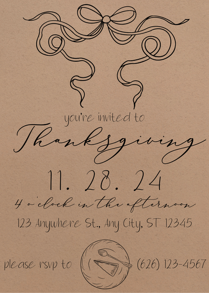 Thanksgiving Pie with Bow Invitation & Menu - Digital & Printable