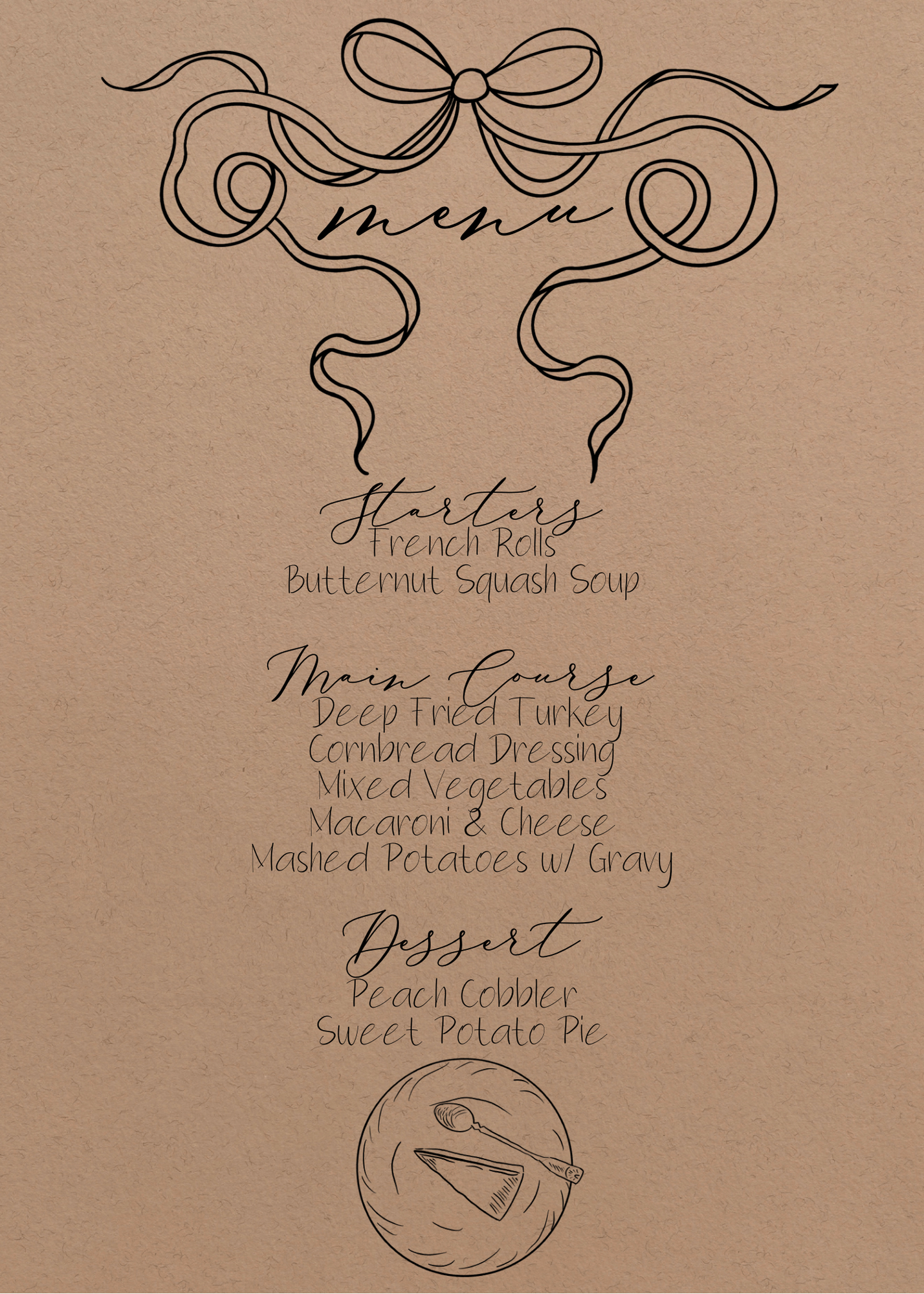 Thanksgiving Pie with Bow Invitation & Menu - Digital & Printable