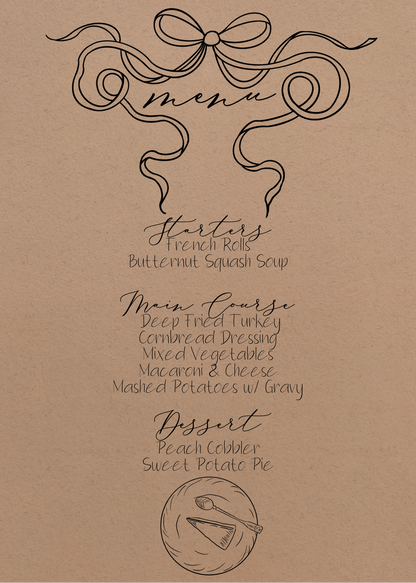 Thanksgiving Pie with Bow Invitation & Menu - Digital & Printable