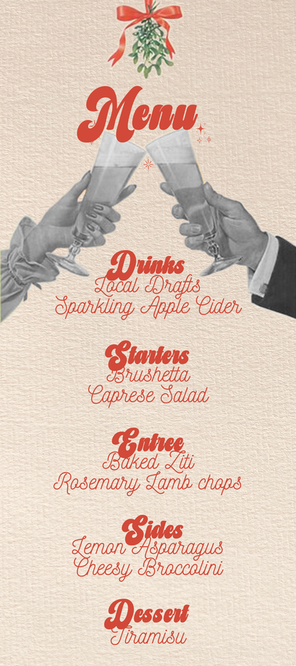 Lets Be Merry Vintage Dinner Party (WM Version) - Digital Download Invite, Menu, & Place Cards