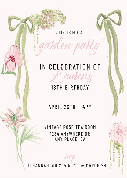 Wildflower Ribbon Green and Pink Invitation Template - Phone & Print Template