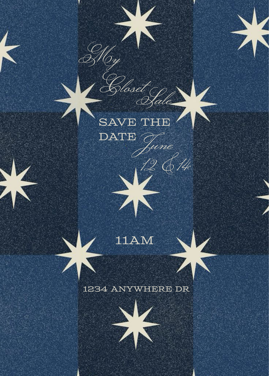 Blue Squares & White Stars Template - Invitation, Menu, and Place cards