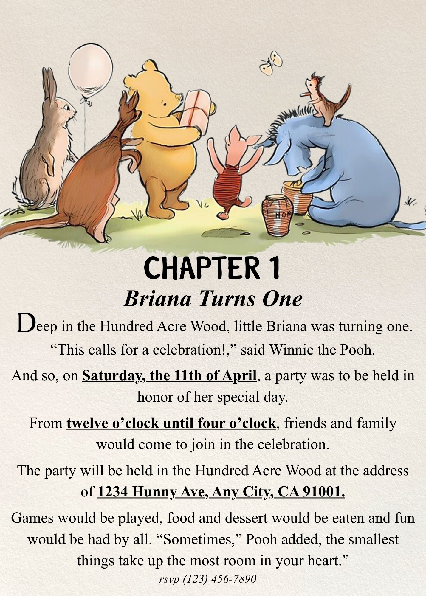 Winnie the Pooh Book Collection Templates - Welcome Sign, Invitation, Menu, Place cards, Bookmark, and Activity Sheet