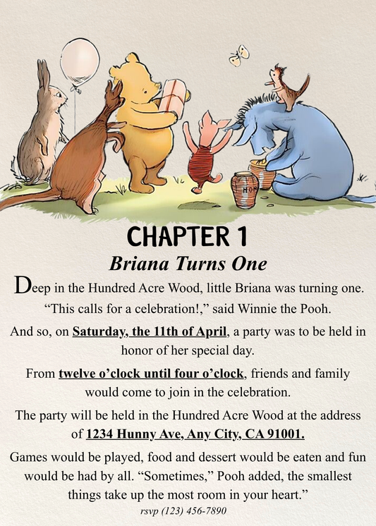 Winnie the Pooh Book Collection Templates - Welcome Sign, Invitation, Menu, Place cards, Bookmark, and Activity Sheet
