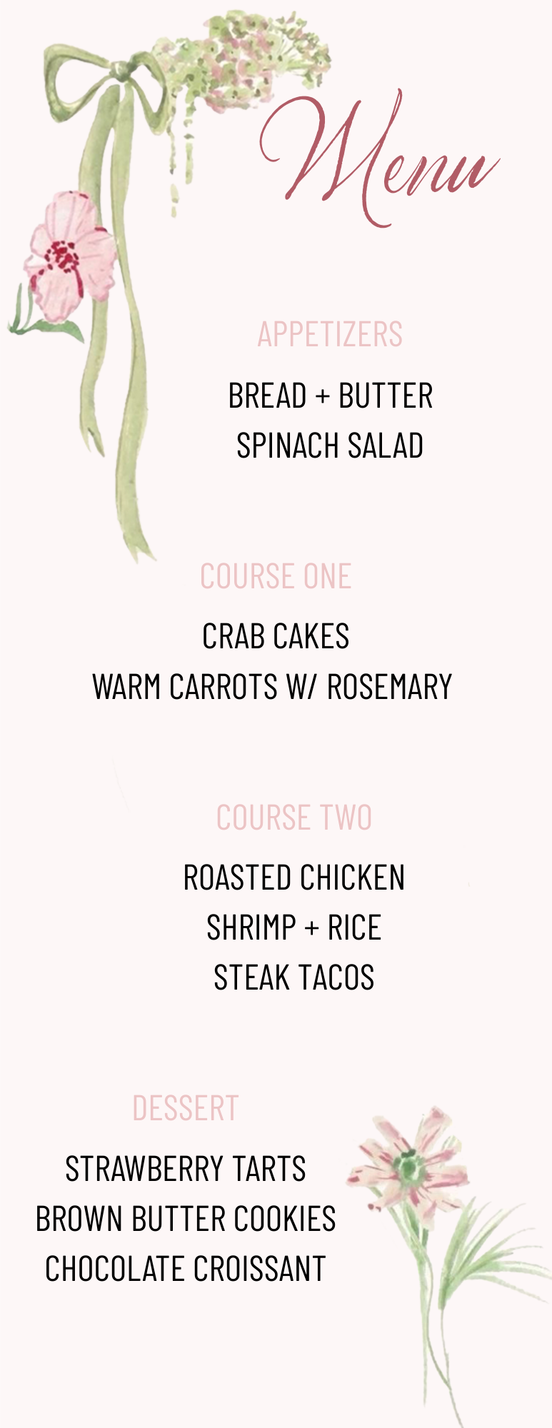 Wildflower Ribbon Green and Pink Collection Template - Welcome Sign, Invitation, Menu, Place cards, & Bookmarks