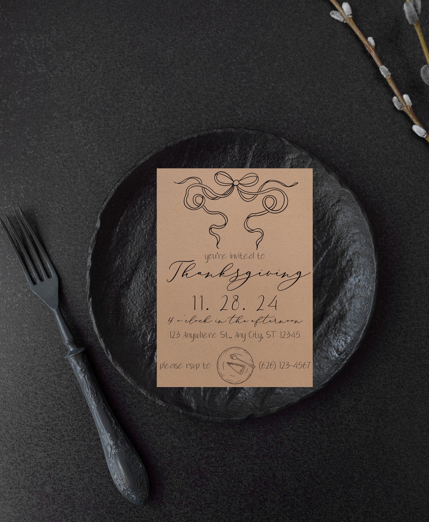 Thanksgiving Pie with Bow Invitation & Menu - Digital & Printable