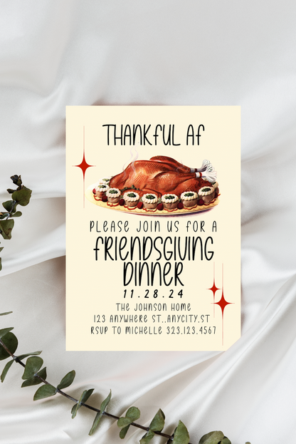 Thankful AF Vintage Thanksgiving/Friendsgiving Invitation & Menu - Digital Printable