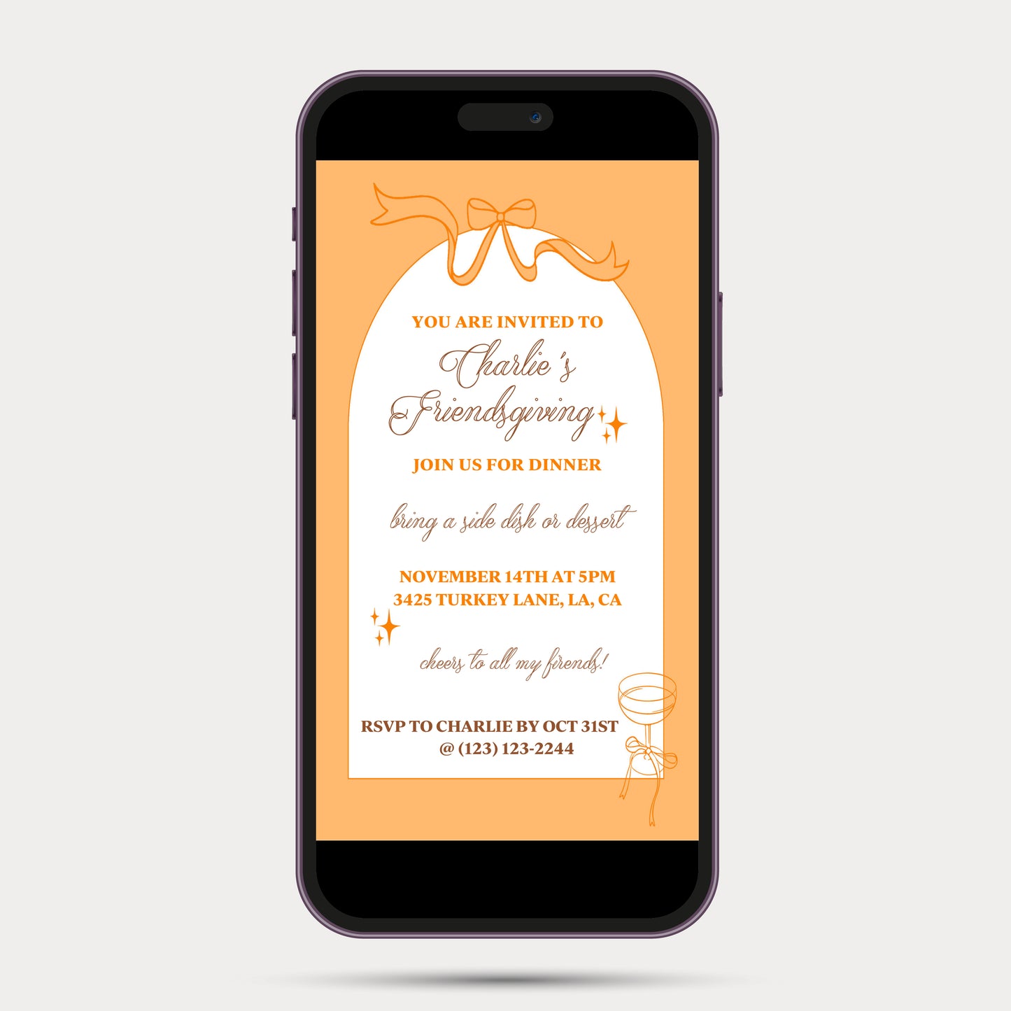 Orange Champagne Bows & Arches Invitation and Menu - Digital Printable