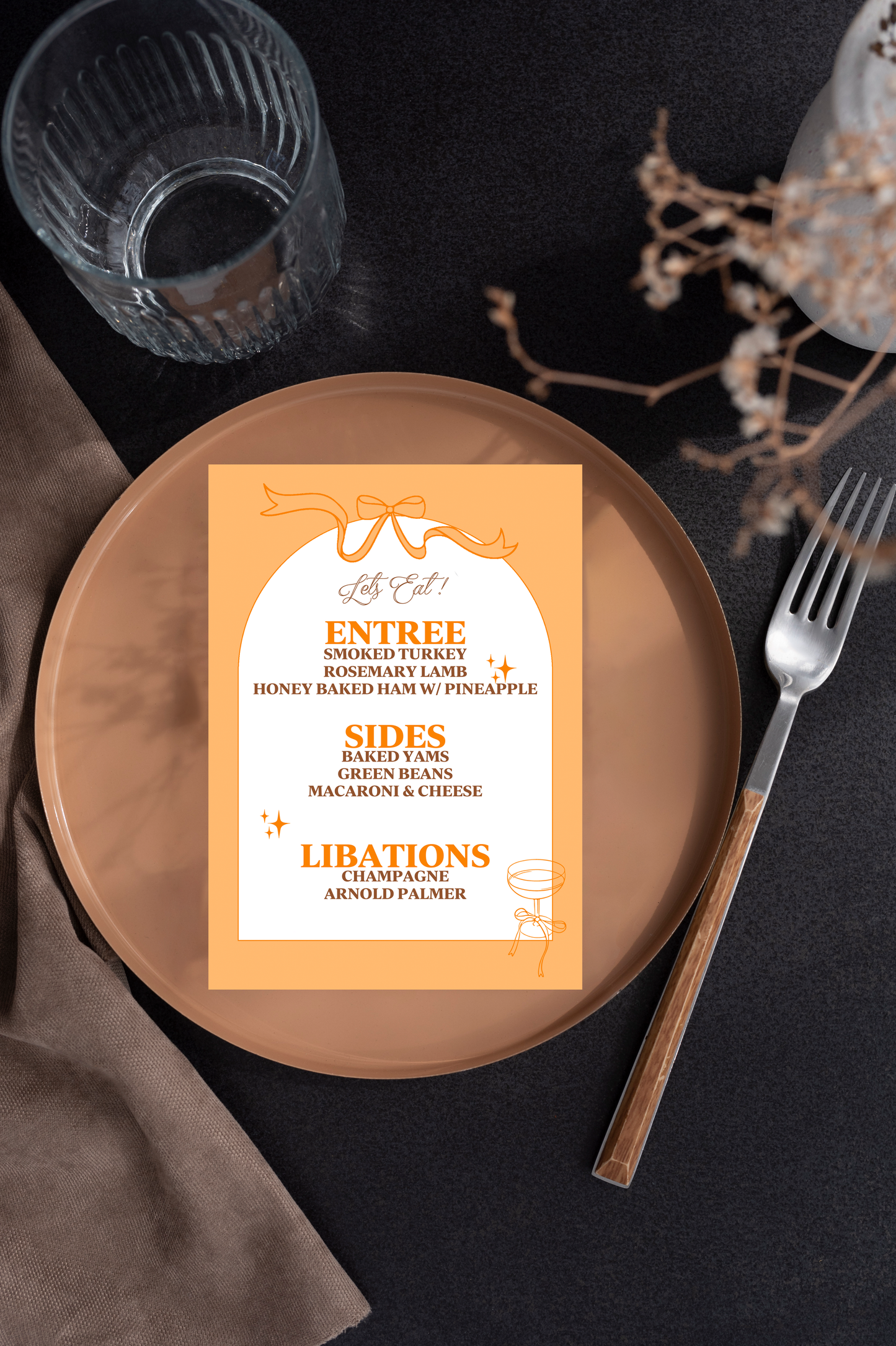 Orange Champagne Bows & Arches Invitation and Menu - Digital Printable
