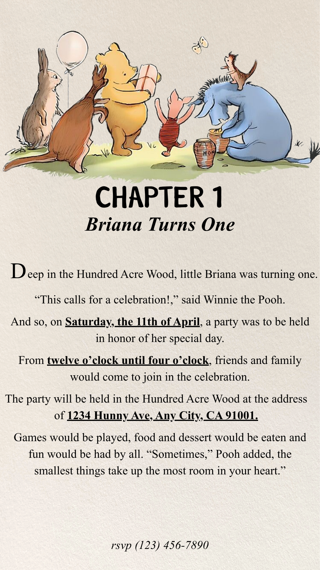 Winnie the Pooh Book Collection Templates - Welcome Sign, Invitation, Menu, Place cards, Bookmark, and Activity Sheet