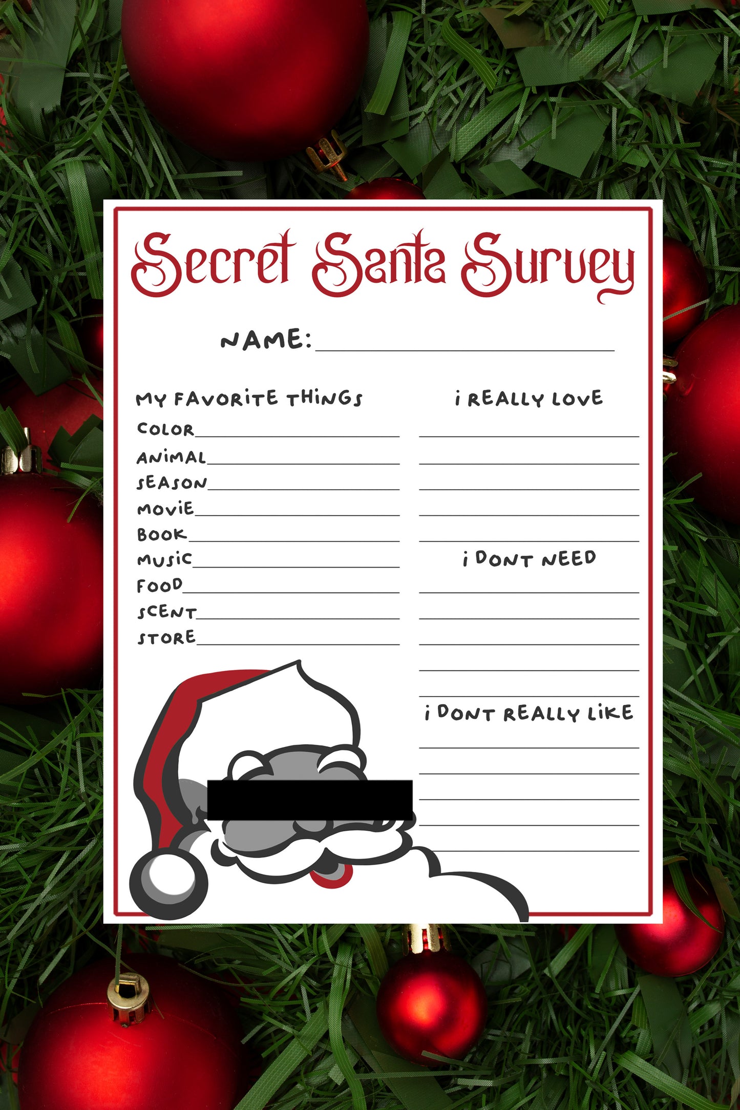 Secret Santa Questionnaire - Digital Questionnaire Printable