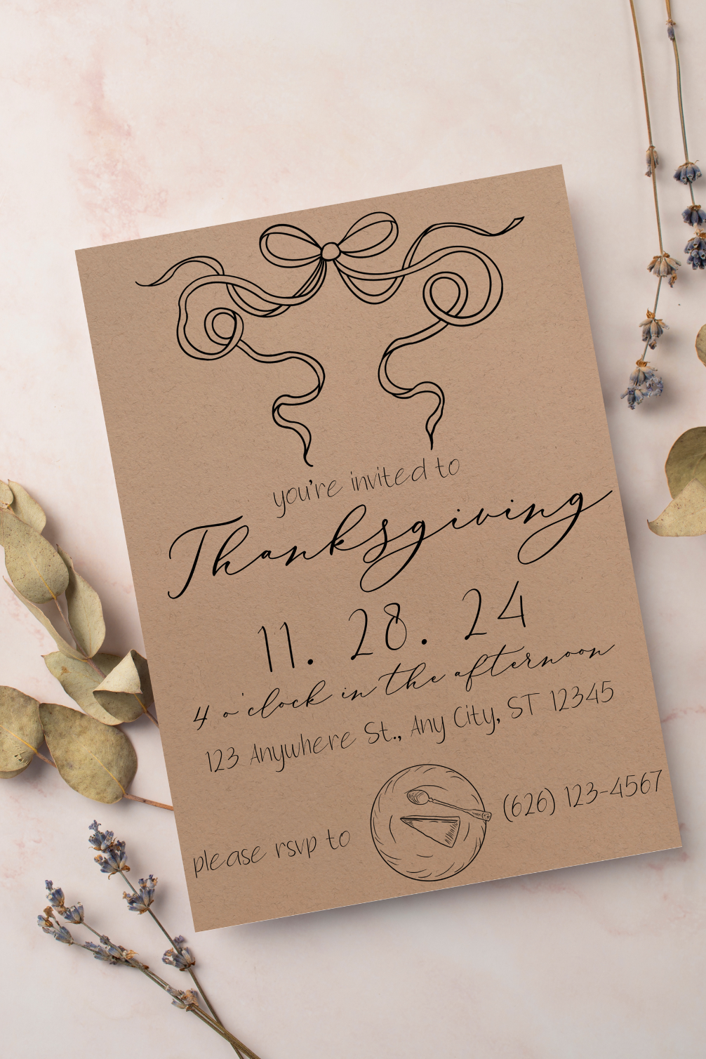 Thanksgiving Pie with Bow Invitation & Menu - Digital & Printable