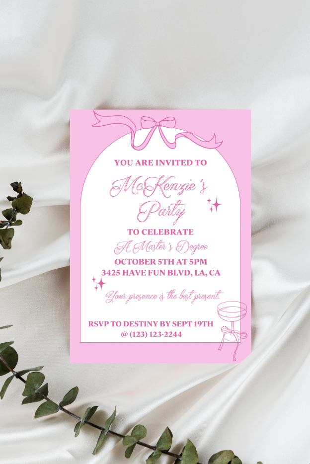 Pink Champagne Bows & Arches Invitation and Menu - Digital Printable