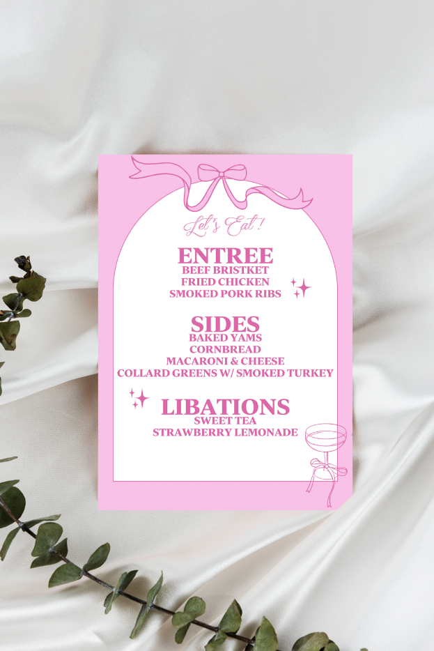 Pink Champagne Bows & Arches Invitation and Menu - Digital Printable