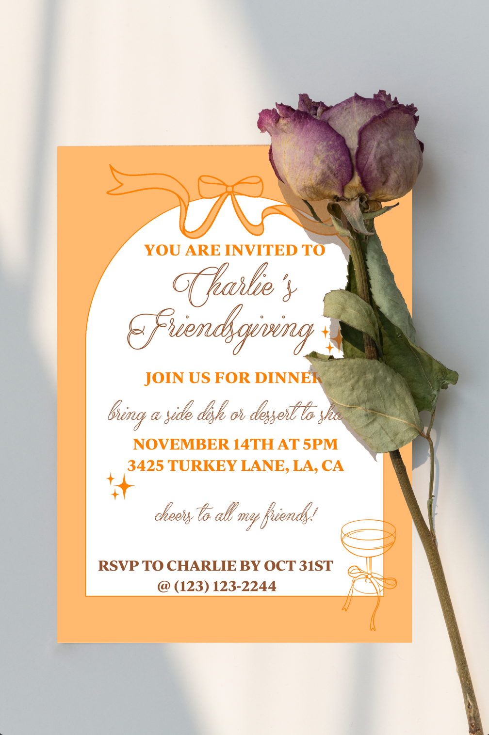 Orange Champagne Bows & Arches Invitation and Menu - Digital Printable