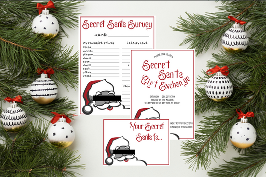 Secret Santa Invitation, Questionnaire, & Reveal Cards - Digital Download