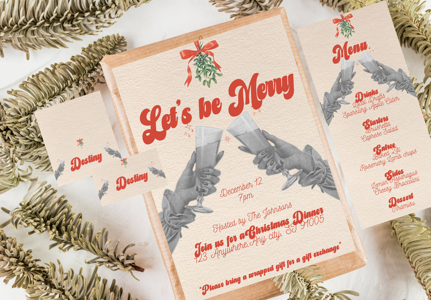 Lets Be Merry Vintage Dinner Party (WW Version) - Digital Invite, Menu, & Place Cards