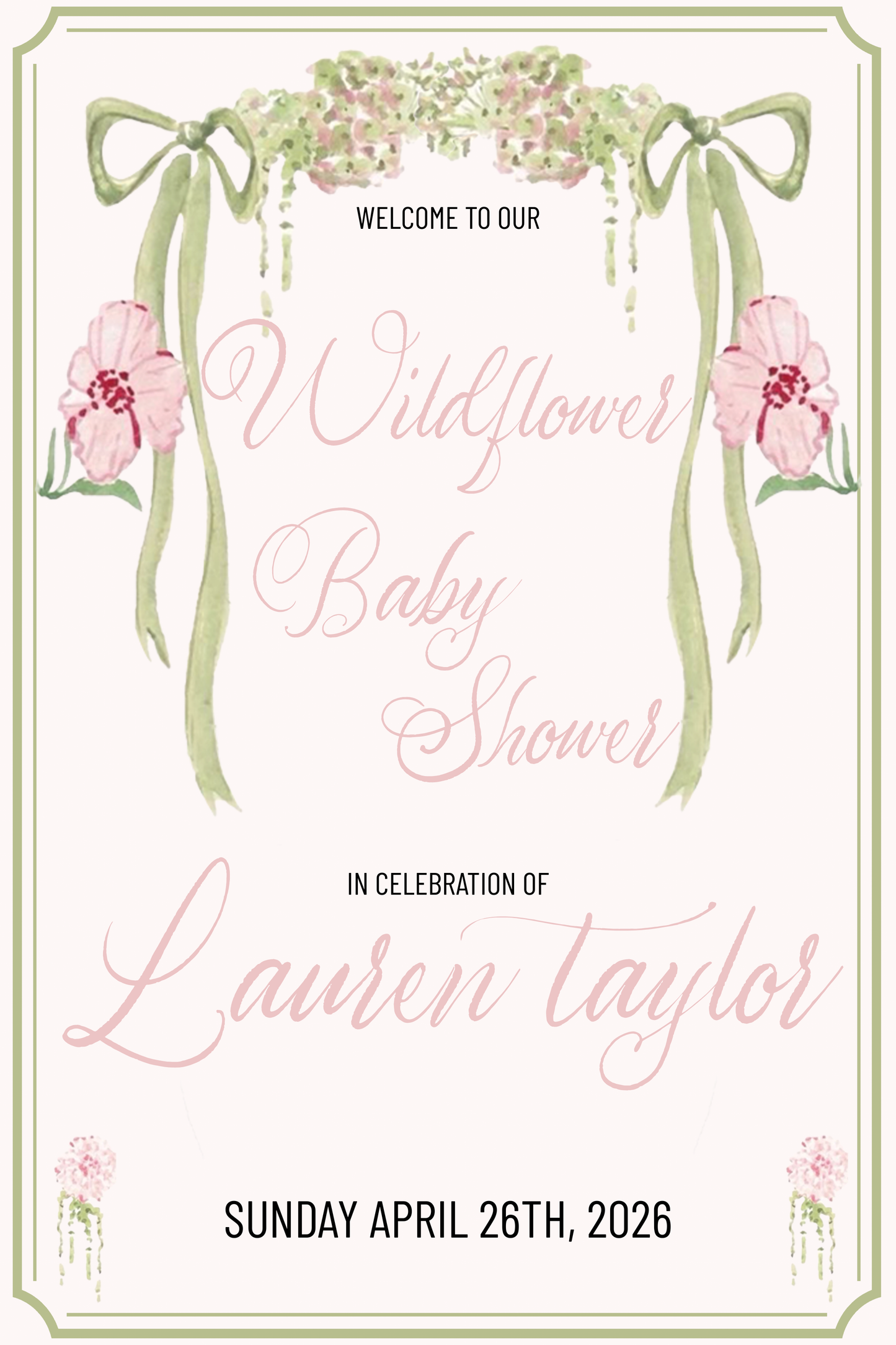 Wildflower Ribbon Green and Pink Collection Template - Welcome Sign, Invitation, Menu, Place cards, & Bookmarks