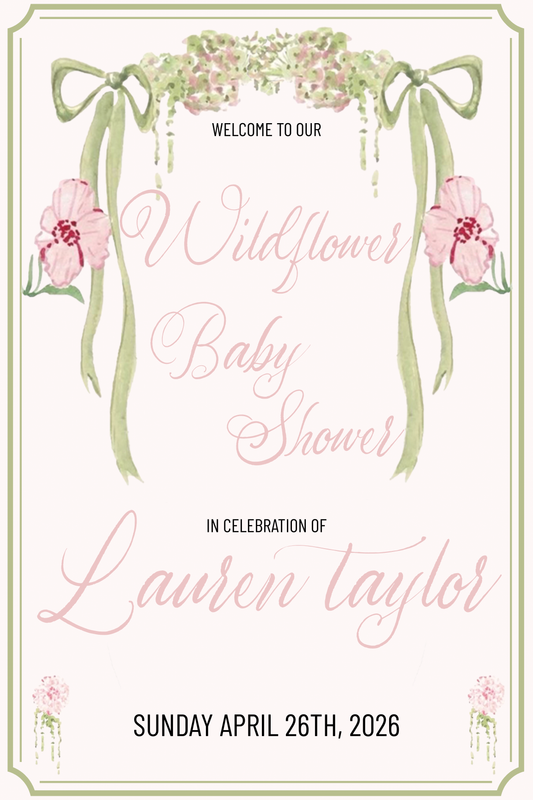 Wildflower Ribbon Green and Pink Collection Template - Welcome Sign, Invitation, Menu, Place cards, & Bookmarks
