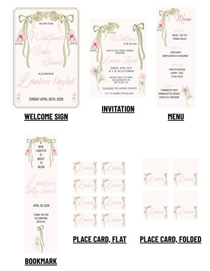 Wildflower Ribbon Green and Pink Collection Template - Welcome Sign, Invitation, Menu, Place cards, & Bookmarks