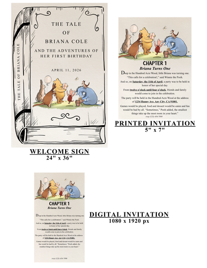 Winnie the Pooh Book Collection Templates - Welcome Sign, Invitation, Menu, Place cards, Bookmark, and Activity Sheet