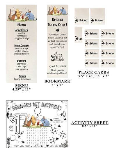 Winnie the Pooh Book Collection Templates - Welcome Sign, Invitation, Menu, Place cards, Bookmark, and Activity Sheet